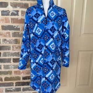 Lands End Blue Fleece Shift Dress Quilt Print 1/4 Zip Long Sleeve Pockets Sz S